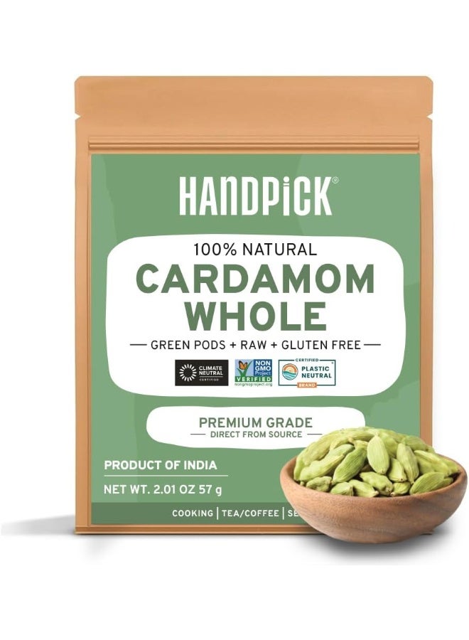 HANDPICK Green Cardamom Pods (57g / 2oz) Large size Green Elaichi | Pure, Non-GMO, Gluten Free | 100% Raw from India | Resealable Zip Lock Pouch - Image 1